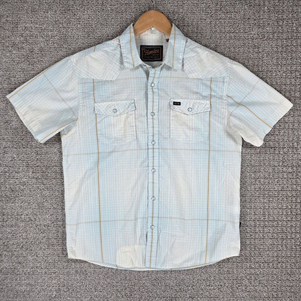 Howler Bros Mens H Bar B Western Snap Short Sleeve Shirt Blue Plaid Medium